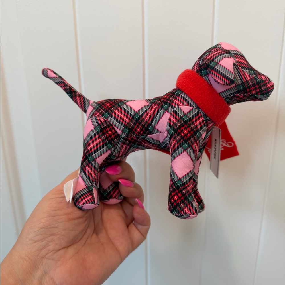 PINK Victoria's Secret Plaid Stuffed Dog with Red Scarf - Picture 5 of 6